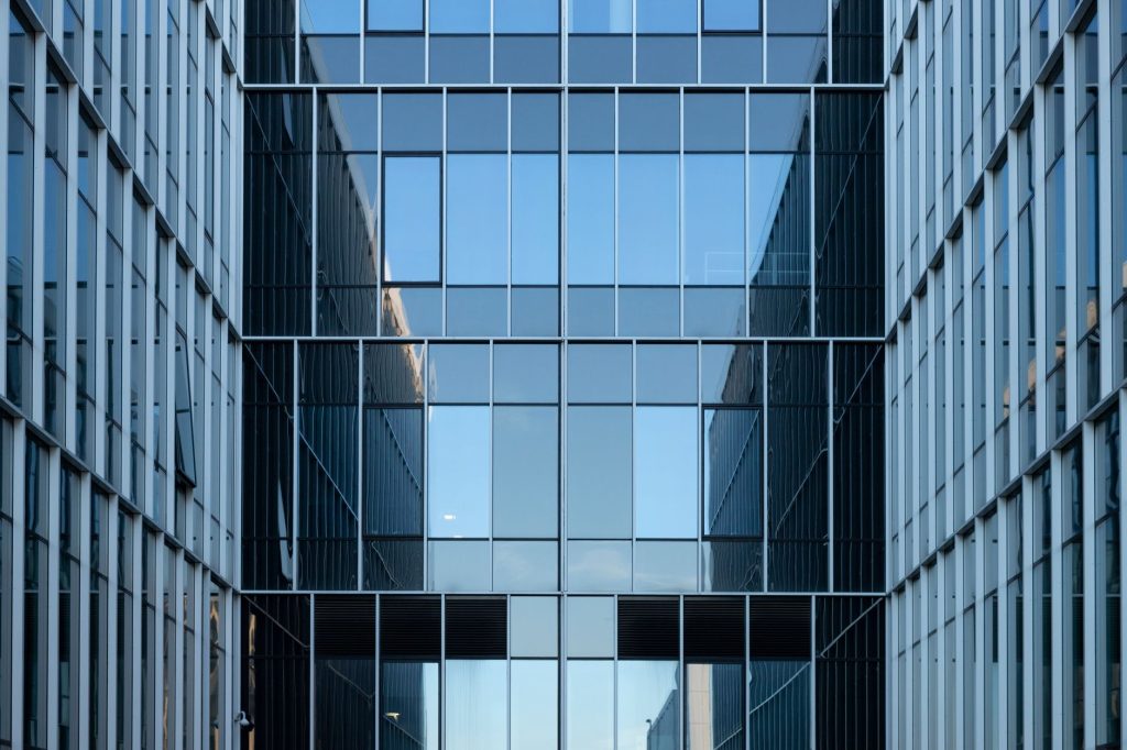 Glass facade of a modern office building